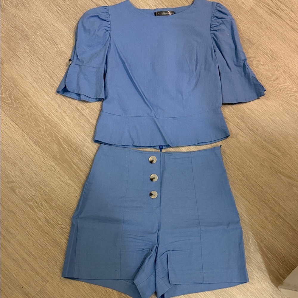 Blue Button-Front Top and Shorts Set